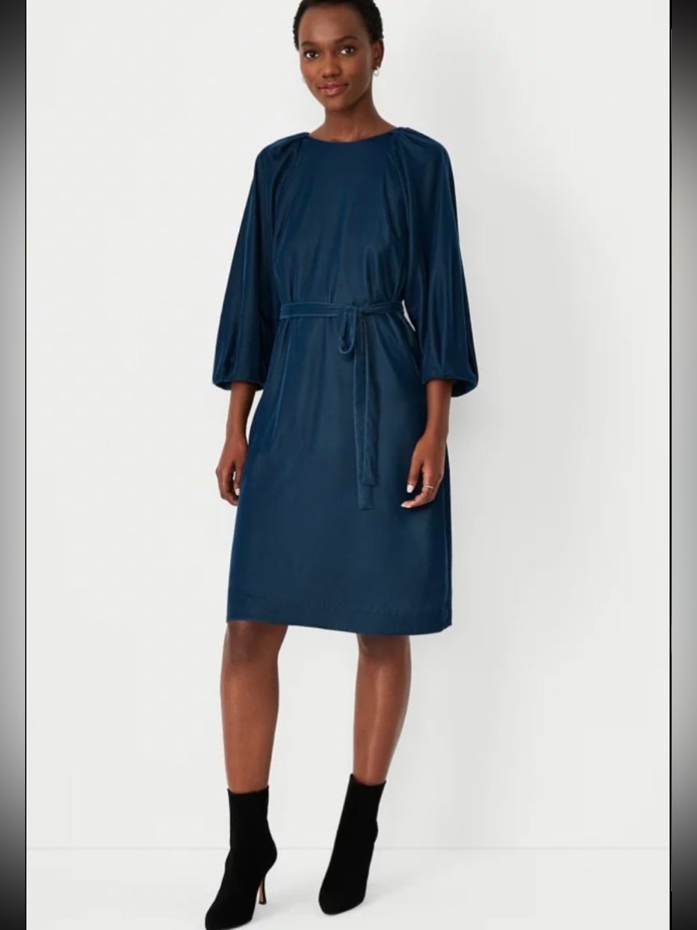NEW Ann Taylor Dark Teal Velour Balloon Sleeve Belted Shift Dress, Lined, Sz 16